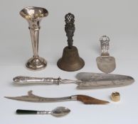 Hallmarked silver vase, novelty letter opener with horn handle, Danish cake slice,