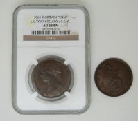 Victoria 1861 young head penny in NGC grading slab, LC Wyon obverse and reverse,