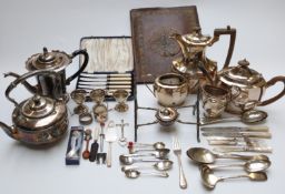 Plated tea set, spirit kettle, cased and loose cutlery,