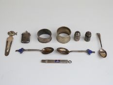 A collection of hallmarked silver / white metal items including Samson Mordan bookmark with fish