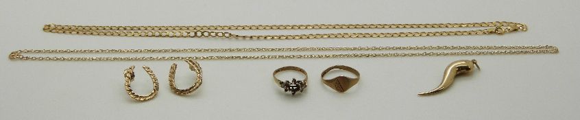 Two 9ct rings, two 9ct gold chains and a 9ct gold chilli pendant, 10.