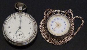 Two open faced pocket watches one silver with gold hand,