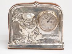 Edwardian hallmarked silver and oak novelty golfing desk clock decorated with a small boy with golf