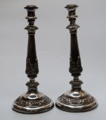 A pair of 19thC plated table lamps, impressed H E and Co for Hawkesworth Eyre & Co to base,