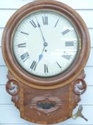 Late 19thC mahogany cased single fusee drop dial wall clock with cross banded inlay and carved