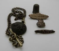 A graduated silver fob/ Albert, silver thimble, Victorian 'Elizabeth' brooch,