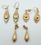 Two pairs of 9ct gold earrings and a pair of yellow metal earrings, 3.