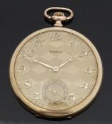 Tempo gold plated open faced slim cased keyless winding pocket watch with Arabic numerals,