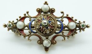 Silver gilt Austro Hungarian brooch set with enamel, maker HC, L3.7cm, W2.
