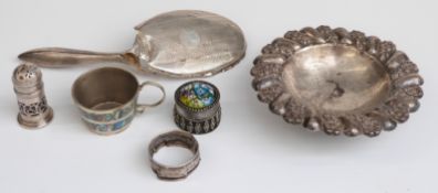 Egyptian white metal bowl with embossed rim, raised on three feet, diameter 14.