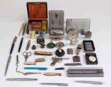 Collectables including Parker and other pens, pocket knives, compass, seals, lighters,