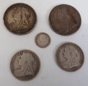 Five Victoria veiled head coins to include crowns, half crowns and a fourpence,1895,