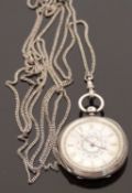Hallmarked silver open faced pocket watch with engraved silver face, gold Roman numerals,