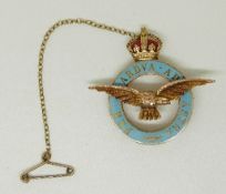 A 9ct gold RAF brooch reading 'per ardua ad astra' (through adversity to the stars) with blue