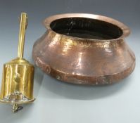 Large Eastern hammered copper squat vessel with turned rim, diameter 54cm,