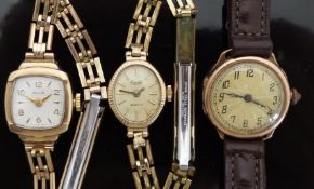 Three 9ct gold ladies wristwatches comprising one Avia, one Everite and one with engine turned face.