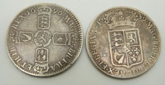 William and Mary 1689 half crown together with a William III 1696 crown