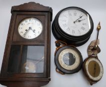 Early 20thC oak cased two train wall clock together with three further wall clocks to include a