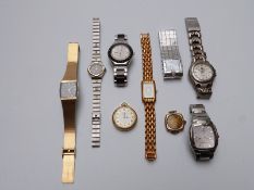 Nine various ladies and gentlemens wristwatches including a 9ct gold cushion shaped example,