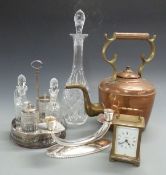 Georg Jensen style candelabra, four-bottle cruet, copper kettle,