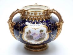 Coalport cobalt blue and gilt three-handled vase with hand painted floral and landscape panels,