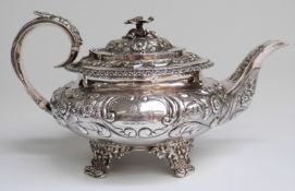Georgian hallmarked silver teapot with embossed decoration, London 1824 maker Hyam Hyams,