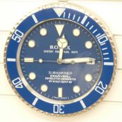Rolex jewellers' display wall clock, 'Submariner' to blue dial,