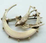Victorian 9ct gold brooch in the form of a crescent and a swallow, Birmingham 1890, 3.