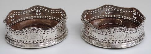 Georgian pair of hallmarked silver bright cut wine coasters, London 1783 maker William Abdy I,