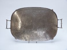 Maple and Co London twin handled silver plated tray raised on ball feet,