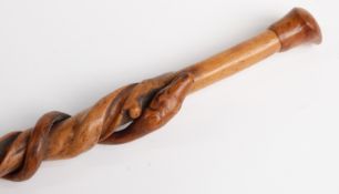 Victorian sycamore and honeysuckle walking stick with snake climbing a tree,