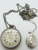 A silver fob watch, silver chain,