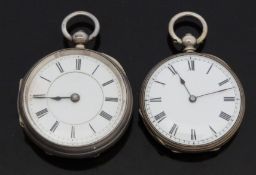 Two silver pocket watches both with Roman numerals, blued hands and engraved case backs,