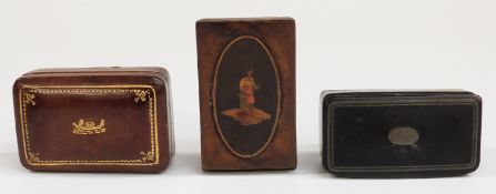 Three trinket or snuff boxes including an inlaid and Tunbridge Ware example,