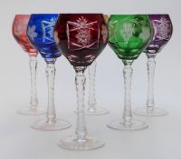 Boxed set of six French Harlequin flash overlaid and cut glasses