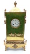 French brass and gilt metal two-train mantel clock with enamel Roman dial and Breguet style hands,