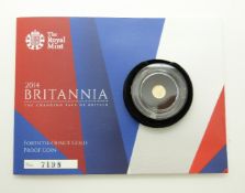 Royal Mint 2014 one fortieth-ounce, gold proof Britannia miniature coin, in capsule and folder no.