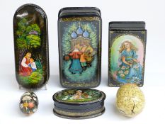 Three Russian lacquer boxes and a spectacle case,