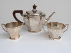Art Deco octagonal hallmarked silver tea set, Birmingham 1933 maker William Neale and Son Ltd,