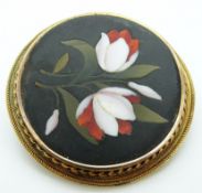 Victorian brooch set with a pietra dura plaque depicting flowers, 14.88g, diameter 4.