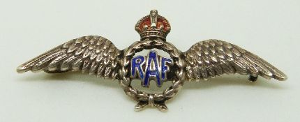 A silver RAF sweetheart brooch with enamel letters,