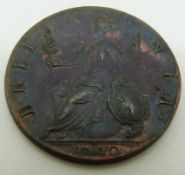 George II old head 1740 halfpenny VF-EF toned with some lustre