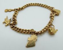 A 9ct gold bracelet with four 9ct gold charms including an elephant, cello, kettle and Ireland, 12.