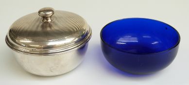 Modern hallmarked silver covered pickle or bonbon dish with blue glass liner and engine turned lid,