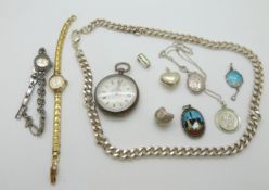 A heavy silver chain, African silver money, hallmarked silver marcasite watch, 925 marked watch,