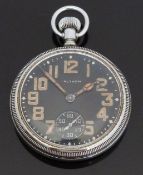 Waltham military issue open faced keyless winding pocket watch with black face, Arabic numerals,