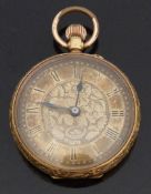 18ct gold open faced keyless winding pocket watch with blued hands, Roman numerals,