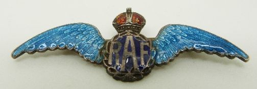 A silver RAF sweetheart brooch set with blue enamel wings and further enamel, L5.