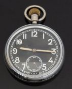 Military issue open faced keyless winding pocket watch with white Arabic numerals, black face,