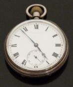 Longines open faced keyless winding silver pocket watch with inset subsidiary seconds dial,